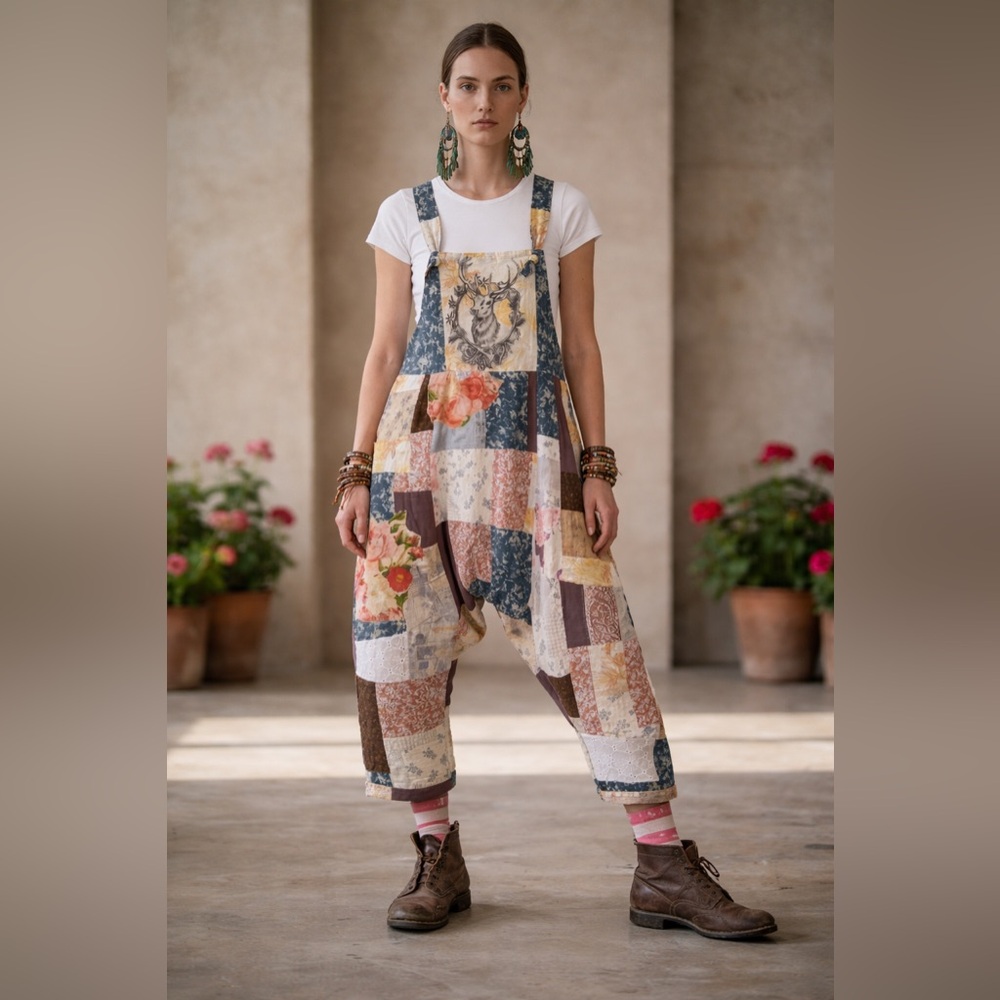 “Clochard de Luxe” Patchwork Floral Overalls in Blue, Cream & Brown - Picture 3 of 12